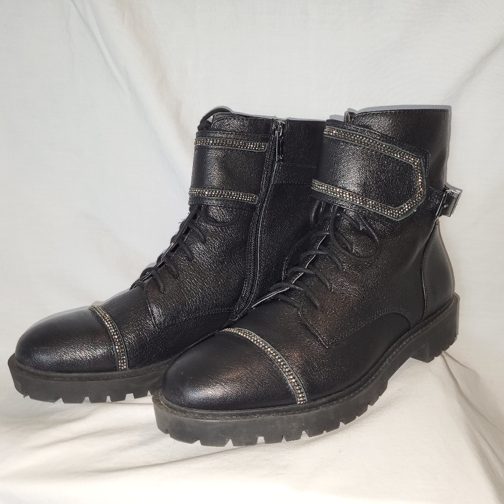 Jessica Simpson - Black Rhinestone Lace-up Block Heel Combat Boots - (9.5)